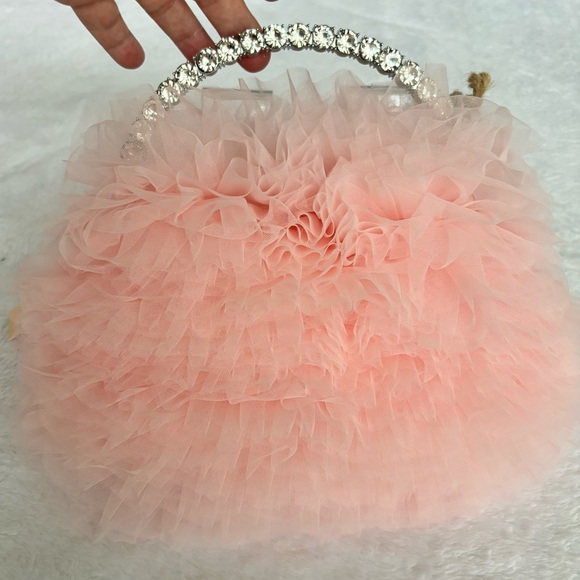 BADGLEY MISCHKA Jazzie Blush Tulle Layered Ruffle Pouch Clutch - Picture 3 of 13
